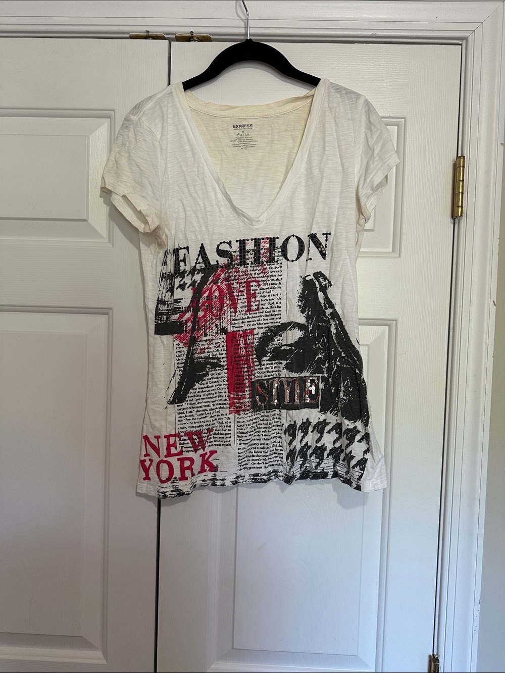 Express White V-Neck Tee with Red & Black Graphic